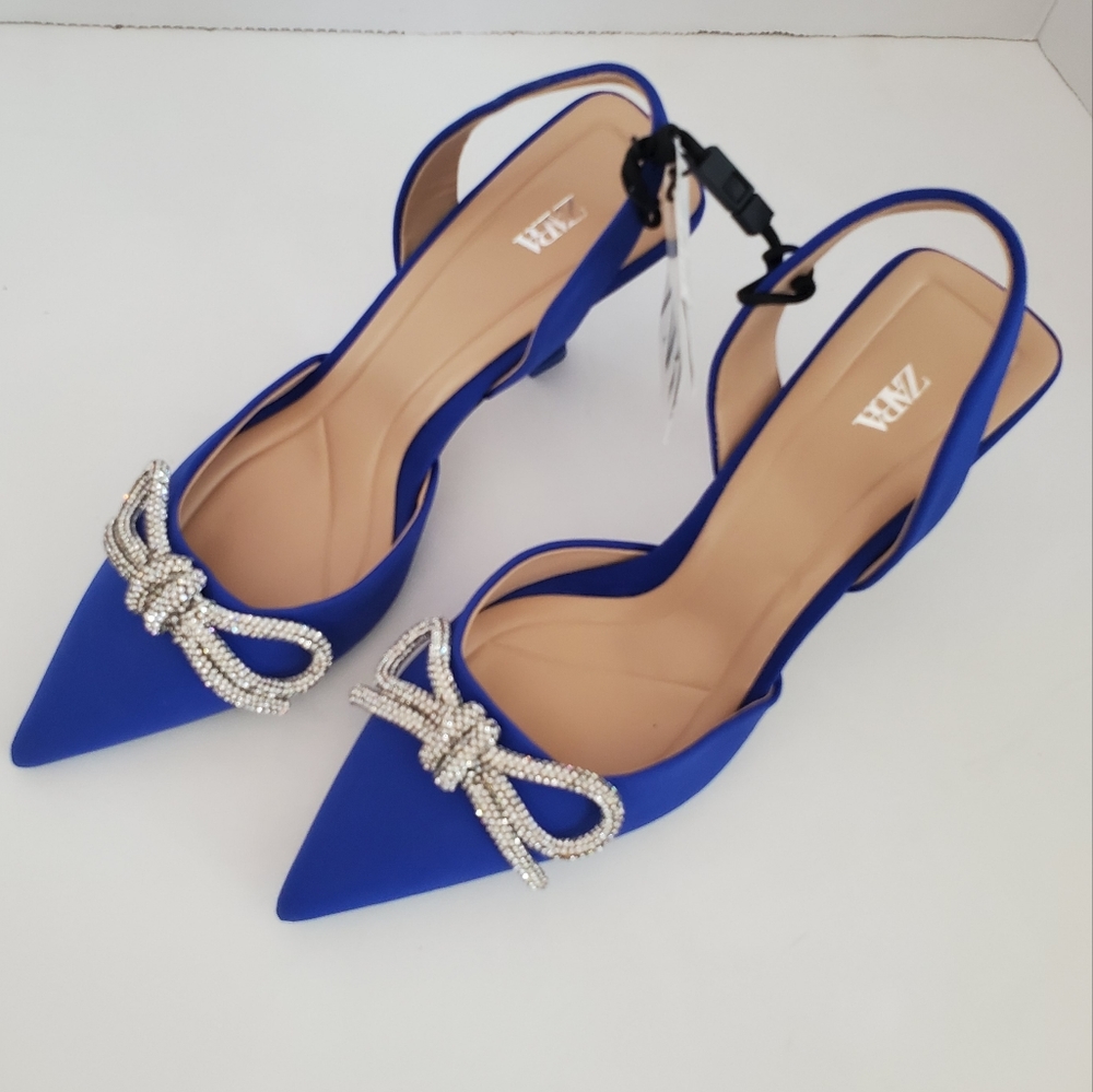 NWT Zara Heeled Blue Slingback Pointed Shoes with Rhinestone Bows US Size 7.5